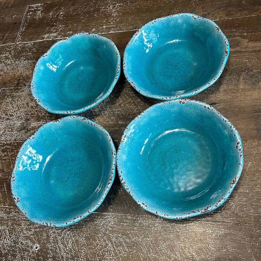 Pier 1 Imports Carmelo Melamine Crackle Turquoise Teal Bowls Set of 4 8.5"